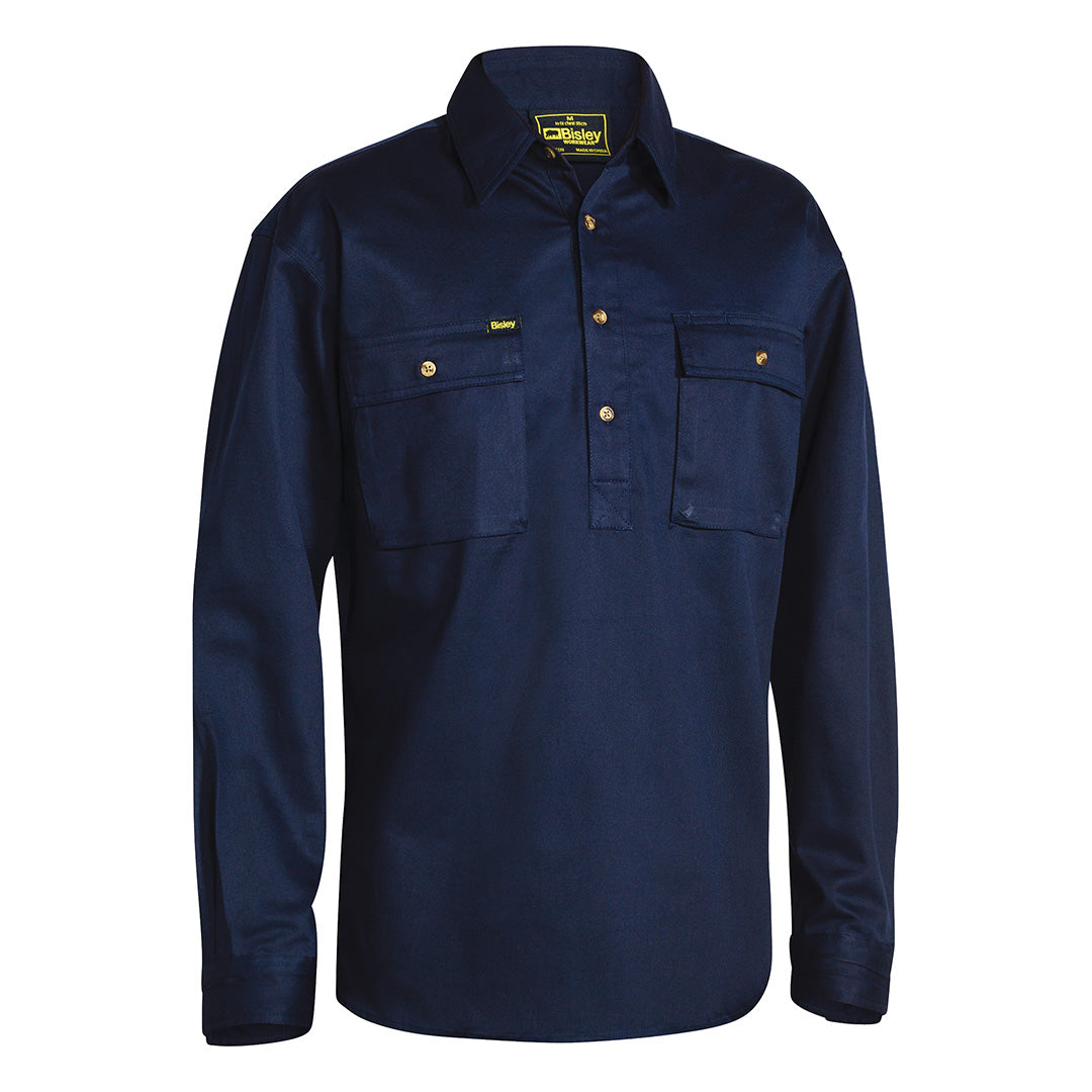 House of Uniforms The Cotton Drill Closed Front Shirt  | Long Sleeve | Mens Bisley Navy