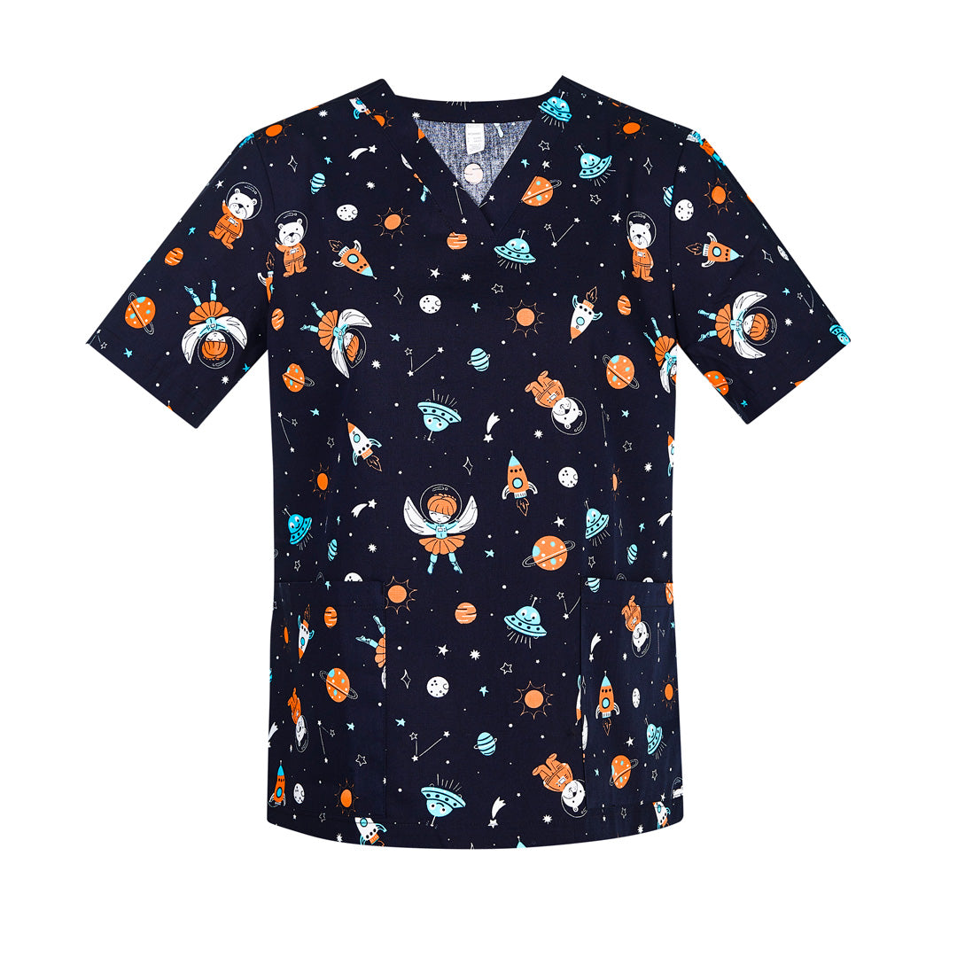 House of Uniforms The Space Party Printed Scrub Top | Ladies Biz Care Midnight