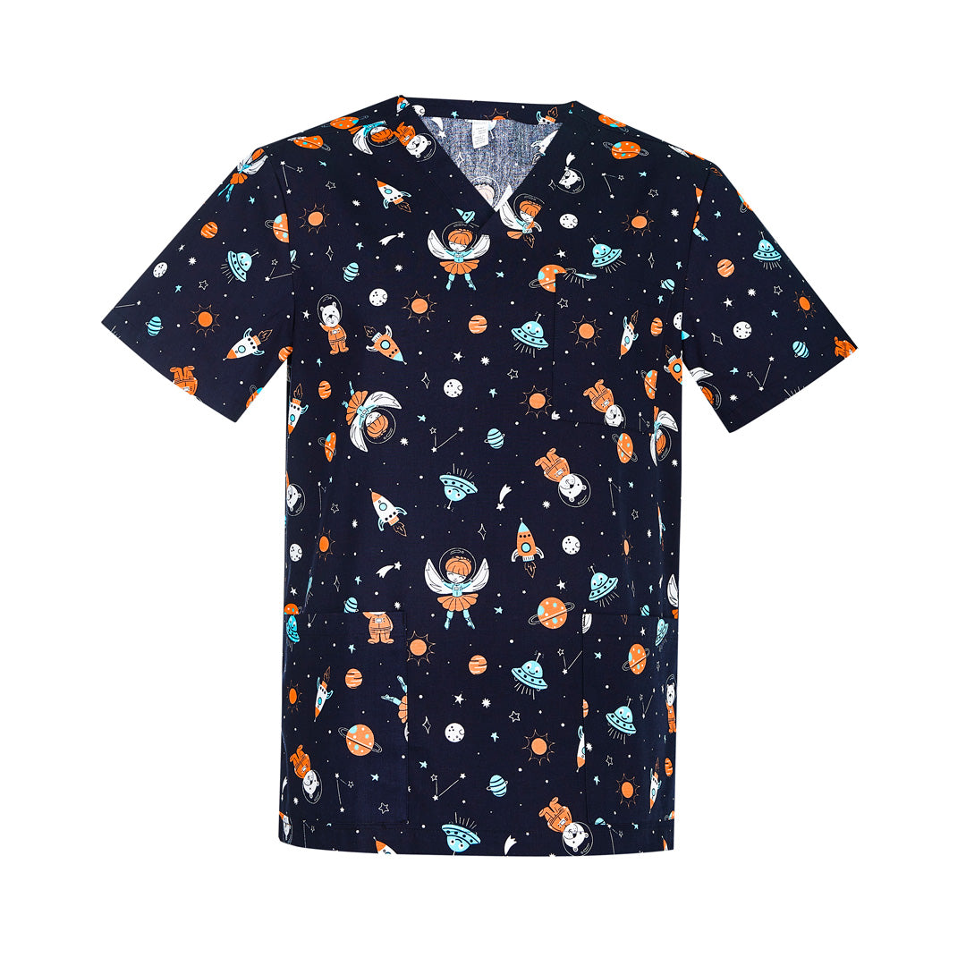 House of Uniforms The Space Party Printed Scrub Top | Mens Biz Care Midnight