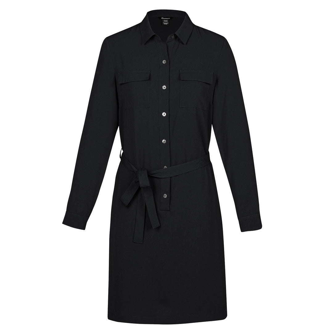 House of Uniforms The Chloe Pocket Shirt Dress | Long Sleeve Biz Corporates Black