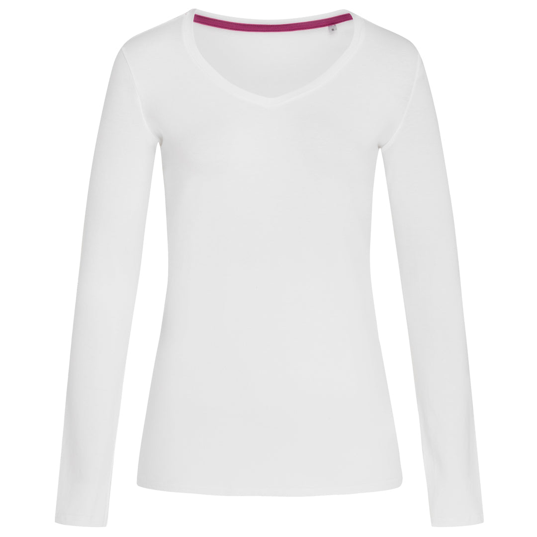 House of Uniforms The Claire V Neck Tee | Long Sleeve | Ladies Stedman White