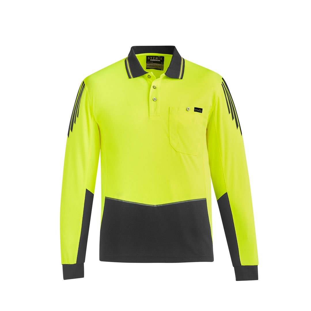 House of Uniforms The Flux Hi Vis Polo | Mens | Long Sleeve Syzmik Yellow/Charcoal