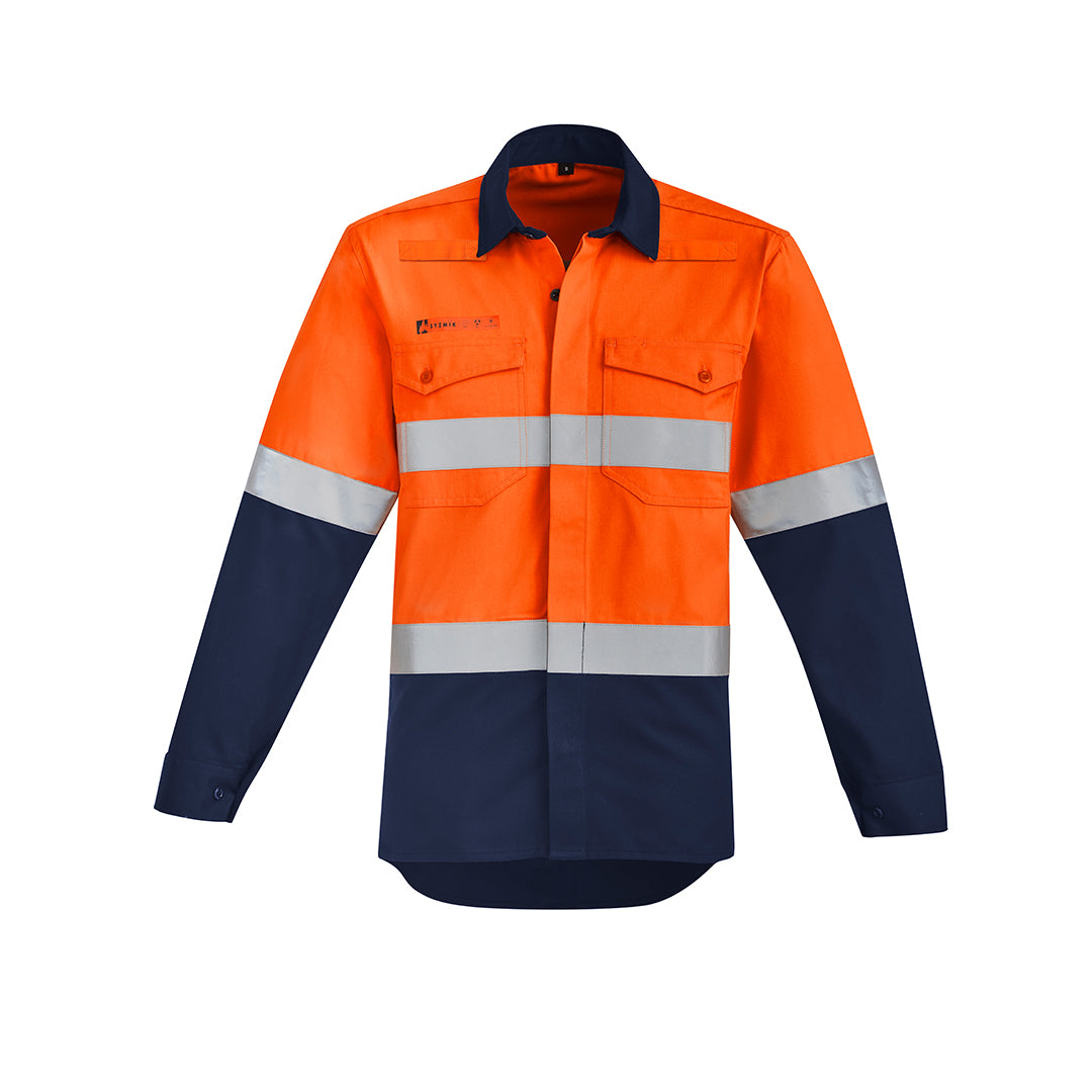 House of Uniforms The Peter Shirt | Mens | Hi Vis Taped | Flame Resistant | Open Front Syzmik Orange/Navy