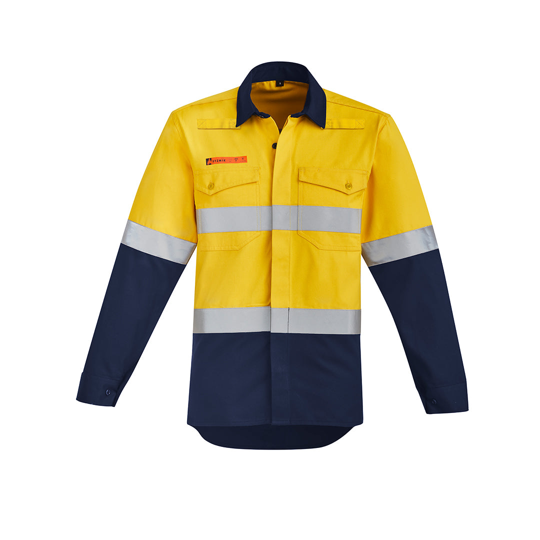 House of Uniforms The Peter Shirt | Mens | Hi Vis Taped | Flame Resistant | Open Front Syzmik Yellow/Navy